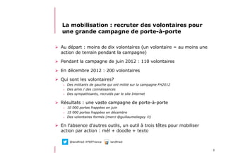 512/06/13 21:58
La mobilisation : recruter des volontaires pour
une grande campagne de porte-à-porte
  Au départ : moins de dix volontaires (un volontaire = au moins une
action de terrain pendant la campagne)
  Pendant la campagne de juin 2012 : 110 volontaires
  En décembre 2012 : 200 volontaires
  Qui sont les volontaires?
>  Des militants de gauche qui ont milité sur la campagne FH2012
>  Des amis / des connaissances
>  Des sympathisants, recrutés par le site Internet
  Résultats : une vaste campagne de porte-à-porte
>  10 000 portes frappées en juin
>  15 000 portes frappées en décembre
>  Des volontaires formés (merci @guillaumeliegey )
  En l’absence d’autres outils, un outil à trois têtes pour mobiliser
action par action : mél + doodle + texto
@landfried #PDFFrance landfried
 