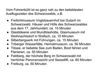Vom Fohrenbühl ist es ganz nah zu den beliebtesten
Ausflugszielen des Schwarzwalds, z.B.
● Freilichtmuseum Vogtsbauernhof bei Gutach im
Schwarzwald. Häuser und Höfe des Schwarzwaldes
aus dem 17. Jahrhundert, ca. 15 Minuten
● Glasbläserei und Mundblashütte, Glasmuseum mit
Weihnachtsdorf in Wolfach, ca. 15 Minuten
● Silberbergwerk mit Führungen, ca. 15 Minuten
● Triberger Wasserfälle, Heimatmuseum, ca. 50 Minuten
● Titisee, er beliebte See zum Baden, Boot fahren und
Flanieren, ca. 50 Minuten
● Feldberg, der höchste Berg im Schwarzwald mit
herrlicher Panoramasicht und Sessellift, ca. 60 Minuten
● Freiburg, ca. 50 Minuten
 