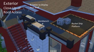 Exterior 
Close Up of 
Roof Access 
Rocket Ship 
Platform 
Tables to Display 
Your Stuff 
Workbench 
 
 