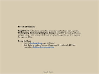 Friends of Elsztain:

Cargill: The US multinational is one of the largest buyers of soybeans from Argentina.
Heilongjiang Beidahuang Nongken Group: In June 2011, China's largest farming
company set up a joint venture with Cresud to buy land in Argentina and farm soybeans
for export to China.

Going further:
    • Visit the farmlandgrab.org pages on Cresud
    • Sofía Gatica formed the Mothers of Ituzaingó with 16 others. In 2012 she
      received the Goldman Environmental Prize




                                   Eduardo Elsztain
 