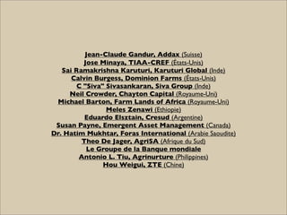 Jean-Claude Gandur, Addax (Suisse)
          Jose Minaya, TIAA-CREF (États-Unis)
   Sai Ramakrishna Karuturi, Karuturi Glo...