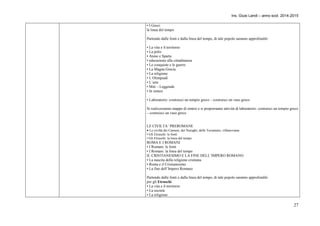 Ins. Giusi Landi – anno scol. 2014-2015 
• I Greci: 
la linea del tempo 
Partendo dalle fonti e dalla linea del tempo, di tale popolo saranno approfonditi: 
• La vita e il territorio 
• La polis 
• Atene e Sparta 
• educazione alla cittadinanza 
• Le conquiste e le guerre 
• La Magna Grecia 
• La religione 
• L Olimpiadi 
• L’arte 
• Miti – Leggende 
• In sintesi 
• Laboratorio: costruisci un tempio greco – costruisci un vaso greco 
Si realizzeranno mappe di sintesi e si proporranno attività di laboratorio: costruisci un tempio greco 
– costruisci un vaso greco 
27 
LE CIVILTA’ PREROMANE 
 Le civiltà dei Camuni, dei Nuraghi, delle Terramare, villanoviana 
• Gli Etruschi: le fonti 
• Gli Etruschi: la linea del tempo 
ROMA E I ROMANI 
• I Romani: le fonti 
• I Romani: la linea del tempo 
IL CRISTIANESIMO E LA FINE DELL’IMPERO ROMANO 
• La nascita della religione cristiana 
• Roma e il Cristianesimo 
• La fine dell’Impero Romano 
Partendo dalle fonti e dalla linea del tempo, di tale popolo saranno approfonditi: 
per gli Etruschi 
• La vita e il territorio 
• La società 
• La religione 
 