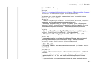 Ins. Giusi Landi – anno scol. 2014-2015 
per attività didattiche di vario genere. 
I minisiti 
(http://www.scuoladegasperi.it/minisiti/minisito.php?utente=36&settore_catalogo=elementare 
) saranno usati per archiviare e documentare alcune attività significative. 
Si riportano qui di seguito gli obiettivi di apprendimento relativi all’informatica inseriti 
all’interno delle diverse discipline: 
ITALIANO 
-Rielaborare testi (ad esempio: parafrasare o riassumere un testo, trasformarlo, completarlo) e 
redigerne di nuovi, anche utilizzando programmi di videoscrittura. 
–Sperimentare liberamente, anche con l’utilizzo del computer, diverse forme di scrittura, 
adattando il lessico, la struttura del testo, l’impaginazione, le soluzioni grafiche alla forma 
testuale scelta e integrando eventualmente il testo verbale con materiali multimediali. 
STORIA 
–Ricavare e produrre informazioni da grafici, tabelle, carte storiche, reperti iconografici e 
consultare testi di genere diverso, manualistici e non, cartacei e digitali. 
–Elaborare in testi orali e scritti gli argomenti studiati, anche usando risorse digitali. 
GEOGRAFIA 
–Estendere le proprie carte mentali al territorio italiano, all’Europa e ai diversi continenti, 
attraverso gli strumenti dell’osservazione indiretta (filmati e fotografie, documenti 
cartografici, immagini da telerilevamento, elaborazioni digitali, ecc.) 
ARTE E IMMAGINE 
–Sperimentare strumenti e tecniche diverse per realizzare prodotti grafici, plastici, pittorici e 
multimediali. 
TECNOLOGIA 
–Eseguire semplici misurazioni e rilievi fotografici sull’ambiente scolastico o sulla propria 
abitazione. 
–Riconoscere e documentare le funzioni principali di una nuova applicazione informatica. 
–Organizzare una gita o una visita ad un museo usando internet per reperire notizie e 
informazioni. 
–Cercare, selezionare, scaricare e installare sul computer un comune programma di utilità. 
33 
 