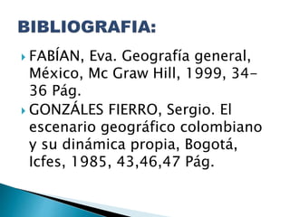  FABÍAN, Eva. Geografía general,
México, Mc Graw Hill, 1999, 34-
36 Pág.
 GONZÁLES FIERRO, Sergio. El
escenario geográfico colombiano
y su dinámica propia, Bogotá,
Icfes, 1985, 43,46,47 Pág.
 