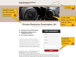 Headline good
for SEO, but not
Conversion
Could do
better than
“Submit”
Could make
better use of this
area to “tell a
story”
Fix this
 