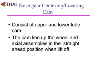 Nose gear Centering/Locating
Cam
• Consist of upper and lower lube
cam
• The cam line up the wheel and
axial assemblies in the straight
ahead position when lift off
 