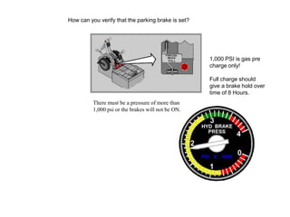 How can you verify that the parking brake is set?
1,000 PSI is gas pre
charge only!
Full charge should
give a brake hold over
time of 8 Hours.
There must be a pressure of more than
1,000 psi or the brakes will not be ON.
 