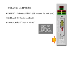 EXTEND 270 Knots or M0.82. (Air loads on the nose gear.)
RETRACT 235 Knots. (Air loads)
EXTENDED 320 Knots or M0.82
OPERATING LIMITATIONS.
 