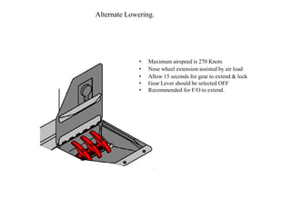 Alternate Lowering.
• Maximum airspeed is 270 Knots
• Nose wheel extension assisted by air load
• Allow 15 seconds for gear to extend & lock
• Gear Lever should be selected OFF
• Recommended for F/O to extend.
 