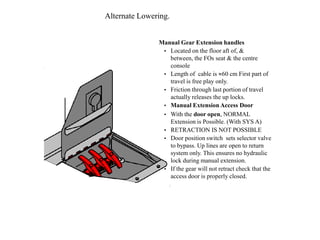 Alternate Lowering.
Manual Gear Extension handles
• Located on the floor aft of, &
between, the FOs seat & the centre
console
• Length of cable is 60 cm First part of
travel is free play only.
• Friction through last portion of travel
actually releases the up locks.
• Manual Extension Access Door
• With the door open, NORMAL
Extension is Possible. (With SYS A)
• RETRACTION IS NOT POSSIBLE
• Door position switch sets selector valve
to bypass. Up lines are open to return
system only. This ensures no hydraulic
lock during manual extension.
• If the gear will not retract check that the
access door is properly closed.
 