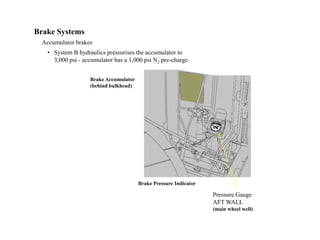 Brake Systems
Accumulator brakes
• System B hydraulics pressurises the accumulator to
3,000 psi - accumulator has a 1,000 psi N2 pre-charge
Brake Pressure Indicator
Brake Accumulator
(behind bulkhead)
Pressure Gauge
AFT WALL
(main wheel well)
 