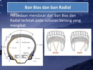 Ban Bias dan ban Radial
Perbedaan mendasar dari Ban Bias dan
Radial terletak pada susunan benang yang
mengikat
 
