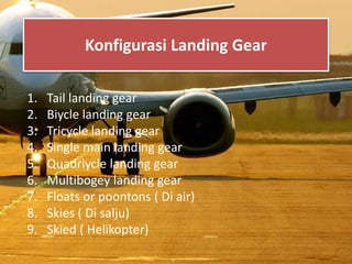 1. Tail landing gear
2. Biycle landing gear
3. Tricycle landing gear
4. Single main landing gear
5. Quadriycle landing gear
6. Multibogey landing gear
7. Floats or poontons ( Di air)
8. Skies ( Di salju)
9. Skied ( Helikopter)
Konfigurasi Landing Gear
 