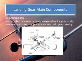 Landing Gear Main Components
2. Reaction link
meneruskan beberapa beban tekan pada landing gear ke atas
menuju shock strut,ataupun saat control main gear steering
 