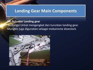 Landing Gear Main Components
14. Actuator Landing gear
Berfungsi Untuk mengangkat dan turunkan landing gear.
Mungkin juga digunakan sebagai mekanisme downlock
 