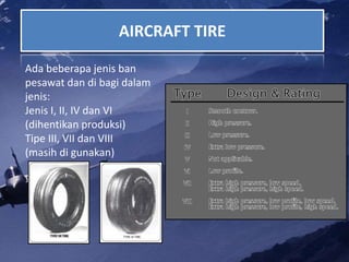 AIRCRAFT TIRE
Ada beberapa jenis ban
pesawat dan di bagi dalam
jenis:
Jenis I, II, IV dan VI
(dihentikan produksi)
Tipe III, VII dan VIII
(masih di gunakan)
 