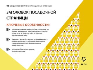 Создаём эффективные посадочные страницы

ЗАГОЛОВОК ПОСАДОЧНОЙ
СТРАНИЦЫ
КЛЮЧЕВЫЕ ОСОБЕННОСТИ:
Заголовок должен ясным, коротким и понятным, он
должен максимально заинтересовать посетителя.
Лучше, если он будет состоять из коротких
призывов к действию.
Хорошим стилем оформления заголовка является
наличие вокруг него свободного пространства
и выделение заголовка более крупным и
ярким шрифтом.
Заголовок обязательно должны
быть релевантным.

14_28

 