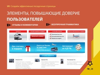 Создаём эффективные посадочные страницы

ЭЛЕМЕНТЫ, ПОВЫШАЮЩИЕ ДОВЕРИЕ
ПОЛЬЗОВАТЕЛЕЙ
ОТЗЫВЫ И КОММЕНТАРИИ

БЕЗУПРЕЧНАЯ ГРАММАТИКА

18_28

 
