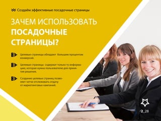 Создаём эффективные посадочные страницы

ЗАЧЕМ ИСПОЛЬЗОВАТЬ
ПОСАДОЧНЫЕ
СТРАНИЦЫ?
Целевые страницы обладают большим процентом
конверсий.
Целевые страницы содержат только ту информацию, которая нужна пользователю для принятия решения.
Создание целевых страниц позволяет четче отслеживать отдачу
от маркетинговых кампаний.

2_28

 