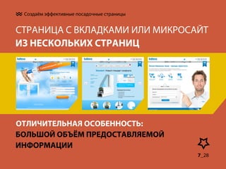 Создаём эффективные посадочные страницы

СТРАНИЦА С ВКЛАДКАМИ ИЛИ МИКРОСАЙТ
ИЗ НЕСКОЛЬКИХ СТРАНИЦ

ОТЛИЧИТЕЛЬНАЯ ОСОБЕННОСТЬ:
БОЛЬШОЙ ОБЪЁМ ПРЕДОСТАВЛЯЕМОЙ
ИНФОРМАЦИИ
7_28

 