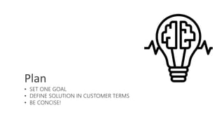 Plan
• SET ONE GOAL
• DEFINE SOLUTION IN CUSTOMER TERMS
• BE CONCISE!
 