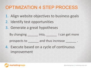 @marketingmojo | marketing-mojo.com
OPTIMIZATION 4 STEP PROCESS
1. Align website objectives to business goals
2. Identify ...