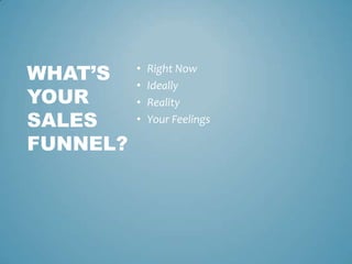 • Right Now
• Ideally
• Reality
• Your Feelings
WHAT’S
YOUR
SALES
FUNNEL?
 