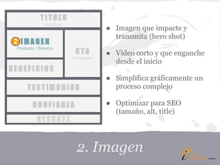TITULO
               Subtítulo
                                        ● Imagen que impacte y
                                          transmita (hero shot)
 2 IMAGEN
 Producto / Servicio
                            CTA         ● Vídeo corto y que enganche
                           Formulario
                                          desde el inicio
BENEFICIOS
                                        ● Simplifica gráficamente un
      TESTIMONIOS                         proceso complejo

         CONFIANZA                      ● Optimizar para SEO
                                          (tamaño, alt, title)
           RESCATE



                             2. Imagen
 