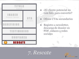 TITULO
               Subtítulo
                                        ● ¿El cliente potencial no
                                          está listo para convertir?
     IMAGEN
 Producto / Servicio
                            CTA         ● Ofrece CTAs secundarios
                           Formulario

BENEFICIOS                              ● Registro a newsletter,
                                          descarga de dossier en
      TESTIMONIOS                         PDF, enlaces a redes
                                          sociales
         CONFIANZA
 7         RESCATE



                             7. Rescate
 