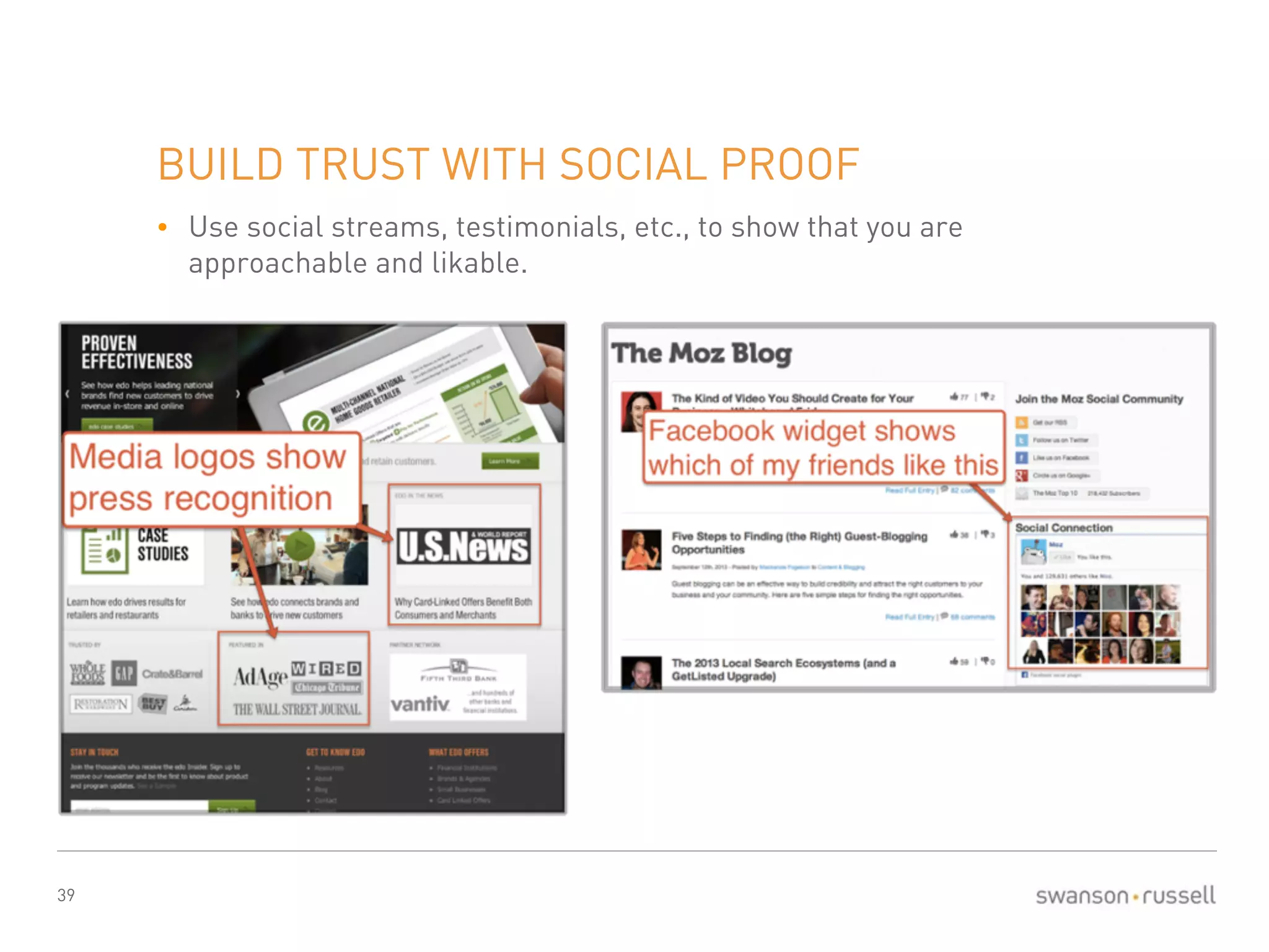 39 
BUILD TRUST WITH SOCIAL PROOF 
• Use social streams, testimonials, etc., to show that you are 
approachable and likable. 
 