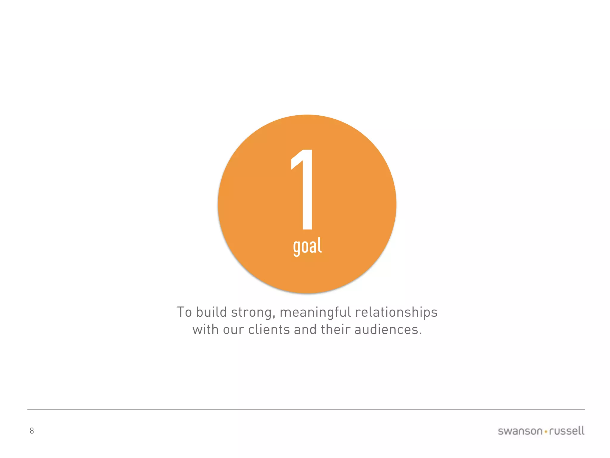 8 
1goal 
To build strong, meaningful relationships 
with our clients and their audiences. 
 