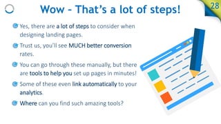 Wow – That’s a lot of steps!
• Yes, there are a lot of steps to consider when
designing landing pages.
• Trust us, you’ll ...
