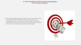 6. Click Trough & Lead Generation Landing Pages
Click Through Landing Pages
 Click trough landing pages are frequently used in ecommerce funnels
to describe a product in detail and “warm up” visitors for their
purchasing decision. They combat the cognitive dissonance that is
created when someone clicks on an ad for a specific product and they
wind up on a seemingly irrelevant generic product page.
 