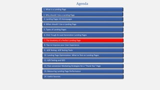 2. Why should I Use a Landing Page
4. When should I Use a Landing Page
1. What is a Landing Page
5. Types of Landing Pages
7. The Anatomy of a Perfect Landing Page
10. Landing Page Optimization. What to Test on Landing Pages
9. A/B Testing. A/B Testing Tools
3. Landing Pages VS Homepages
13. Measuring Landing Page Performance
11. A/B Testing and SEO
12. Post conversion Marketing Strategies for a “Thank You” Page
Agenda
6. Click Trough & Lead Generation Landing Pages
8. Tips to Improve your User Experience
14. Useful Sources
 
