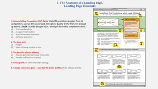 7. The Anatomy of a Landing Page.
Landing Page Elements
1. Unique Selling Proposition (USP) factor that differentiates a product from its
competitors, such as the lowest cost, the highest quality or the first-ever product
of its kind. A USP could be thought of as “what you have that competitors don't.”
a) The main headline
b) A supporting headline
c) A reinforcement statement
d) A closing argument
2. The hero shot
a) images
b) video showing context of use
3. The benefits of your offering
a) A bullet point list summary of benefits
b) Benefit and features in detail
4. Social proof (I’ll have what she’s having)
5. A single conversion goal — your Call-To-Action (CTA) (with or without a form)
 