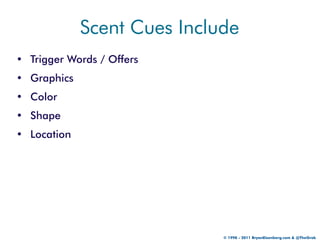 Scent Cues Include
• Trigger Words / Offers
• Graphics
• Color
• Shape
• Location




                             © 1998 ...