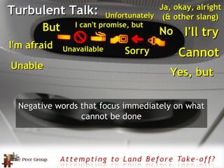 Turbulent Talk: Negative words that focus immediately on what cannot be done Yes, but I'm afraid Ja, okay, alright (& other slang) Cannot Unfortunately No But Unavailable I can't promise, but Sorry Unable I'll try 