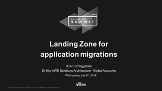 © 2016, Amazon Web Services, Inc. or its Affiliates. All rights reserved.
Wednesday July 6th
, 2016
Landing Zone for
application migrations
Koen vd Biggelaar
Sr Mgr AWS Solutions Architecture - GlobalAccounts
 