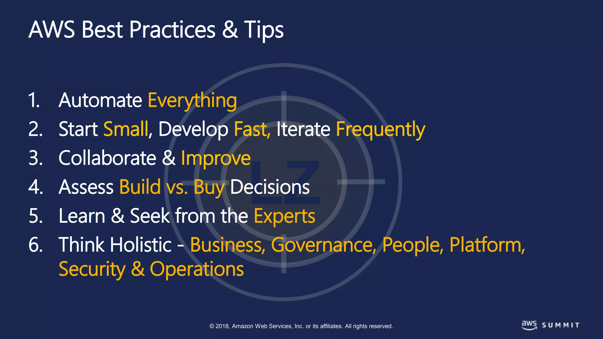 © 2018, Amazon Web Services, Inc. or its affiliates. All rights reserved.
AWS Best Practices & Tips
LZ
1. Automate Everything
2. Start Small, Develop Fast, Iterate Frequently
3. Collaborate & Improve
4. Assess Build vs. Buy Decisions
5. Learn & Seek from the Experts
6. Think Holistic - Business, Governance, People, Platform,
Security & Operations
 