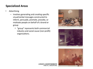 Specialized Areas
•   Adver8sing 
     – Involves genera8ng and crea8ng speciﬁc 
       visual/verbal messages constructed to 
       inform, persuade, promote, provoke, or 
       mo8vate people on behalf of a brand or 
       group
         • “group” represents both commercial 
            industry and social cause (non‐proﬁt) 
            organiza8ons.




                                    LOGAN’S: ADVERTISEMENTS
                                          KINETIC, SINGAPORE
 