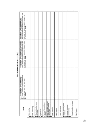 iNVeNtorY cHecKLiSt (3 of 4)
                                                                                          coNditioN UPoN arriVaL                  coNditioN UPoN iNitiaL iNSPectioN            coNditioN UPoN dePartUre
                                                                                          note condition, including existing      note deterioration beyond reasonable use     note deterioration beyond reasonable use
                                                 item                                     damage and wear and tear.               and wear for which tenant is alleged to be   and wear for which tenant is alleged to




                                                                    QUaLitY
                                                                          if applicable
                                                                                          date:                                   responsible. date:                           be responsible. date:

                                       Floor covering

                                       Walls and ceiling

                                       Closets, including doors
                                       and tracks

                                       Light fixtures

                                       Furnace/Air conditioner
                                       filter(s)
                                       Patio, deck, yard (planted
                                       areas, ground covering,
                                       fencing, etc.




      H a LL W aYS or ot H er area S
                                       Other (specify)

                                       Floor covering

                                       Walls and ceiling

                                       Closet, including doors
                                       and tracks
                                       Windows (draperies,
                                       screens, etc.)




      B edr oom 1
                                       Doors, including hardware

                                       Light fixtures




109
 