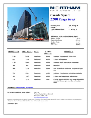 Canada Square
2200 Yonge Street
Building Size: 259,397 sq. ft.
Floors: 17
Typical Floor Plate: 15,165 sq. ft.
B
Estimated 2010 Additional Rent p.s.f.:
Realty Taxes $6.98
Operating Costs $12.02
Hydro Costs $1.99
TOTAL: $20.99
FLOOR / SUITE AREA (SQ.FT.) DATE QUOTED
NET RENT
COMMENTS
*1500 12,768 Immediate $16.00 Full floor. Fully built out. Great views
1303 2,140 Immediate $16.00 2 offices and open area
*1200 15,164 Immediate $16.00 Full floor, mainly open concept, great views
909 668 Immediate $16.00 Open area
900 5,623 Immediate $16.00 Built out, 4 offices, boardroom, reception and open
area
*700 15,157 Immediate $16.00 Full floor. Fully built out, natural light on 4 sides
601 1,487 Immediate $16.00 4 offices, mail/storage room and reception
219 3,472 Immediate 16.00 Current Sublease, executive style offices, boardroom,
reception, kitchen, open area. Can be leased as
retail.
*Full Floor - Inducements Negotiable
For further information, please contact: Tim Low
Northam Realty Advisors Limited
416-977-7151 Ext. 3267
tlow@northamrealty.com
Information contained herein has been obtained from the owners or from other sources deemed reliable. We have no reason to doubt its accuracy but regret we cannot guarantee it.
All properties subject to change or withdrawal without notice. Northam Realty Advisors Limited.
November 2010
 