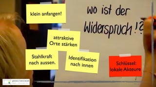 ©2017	gezeitenraum
klein anfangen!
attraktive
Orte stärken
Stahlkraft
nach aussen.
Identiﬁkation
nach innen Schlüssel:
lokale Akteure
 