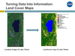 Turning Data Into Information:
Land Cover Maps
Landsat Image of Lake Tahoe Landcover map of Lake Tahoe
 