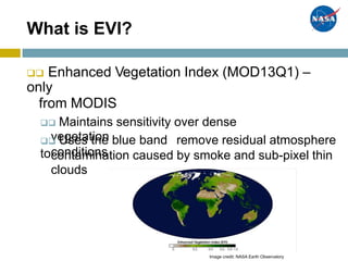 What is EVI?
 Enhanced Vegetation Index (MOD13Q1) –
only
from MODIS
 Maintains sensitivity over dense
vegetation
conditions
 Uses the blue band
to
remove residual atmosphere
contamination
clouds
caused by smoke and sub-pixel thin
Image credit: NASA Earth Observatory
 