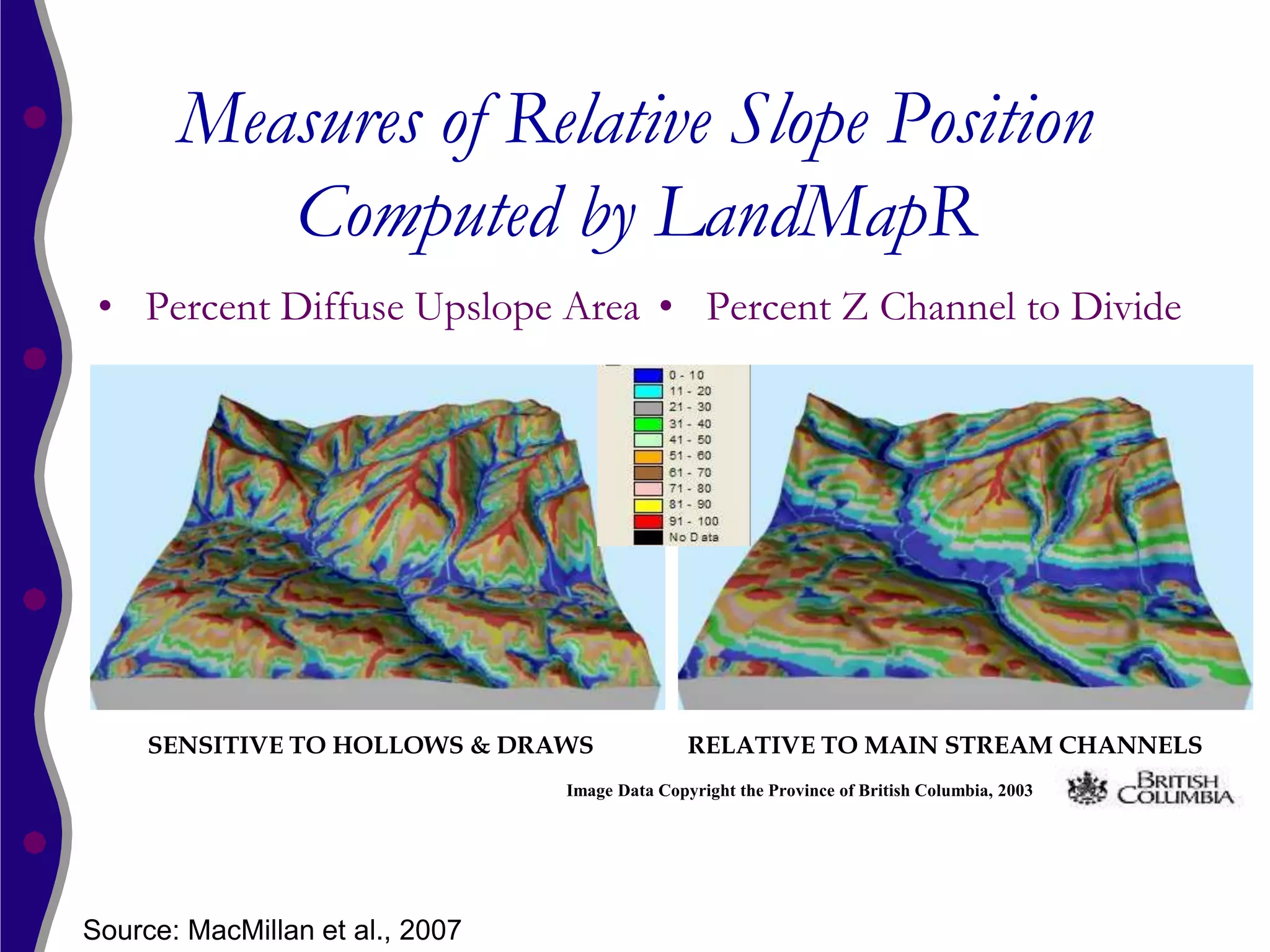 Measures of Relative Slope Position
          Computed by LandMapR
 • Percent Diffuse Upslope Area • Percent Z Channel to Divide




     SENSITIVE TO HOLLOWS & DRAWS               RELATIVE TO MAIN STREAM CHANNELS
                                 Image Data Copyright the Province of British Columbia, 2003




Source: MacMillan et al., 2007
 