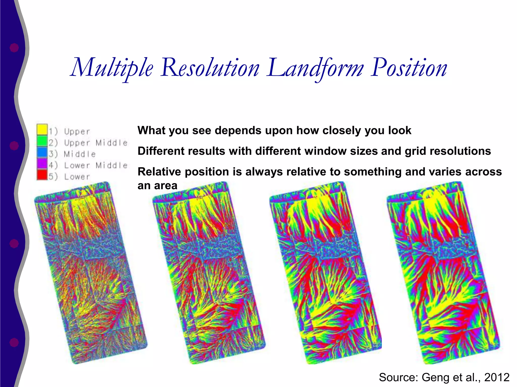 Multiple Resolution Landform Position

      What you see depends upon how closely you look
      Different results with different window sizes and grid resolutions
      Relative position is always relative to something and varies across
      an area




                                                   Source: Geng et al., 2012
 