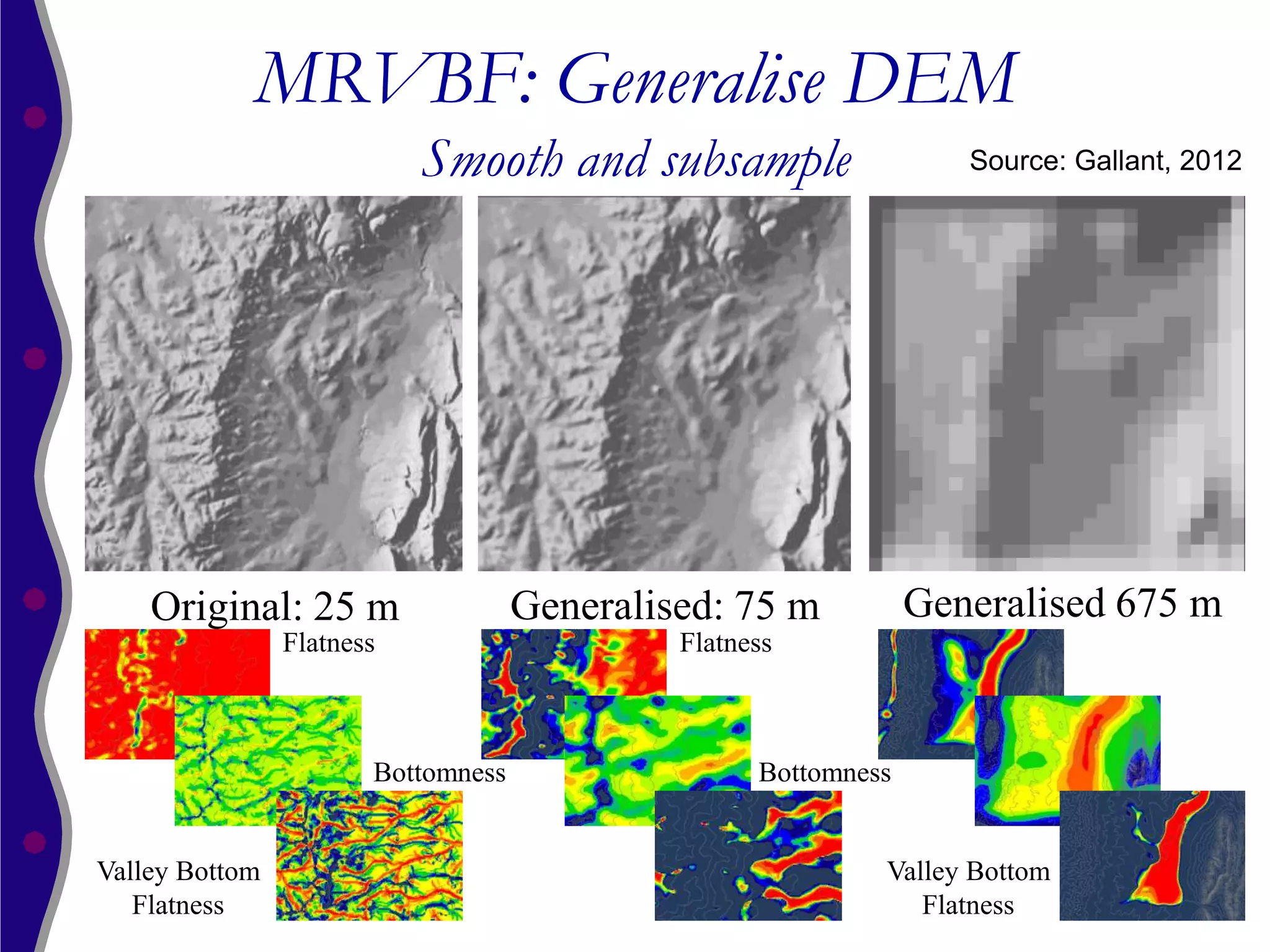 MRVBF: Generalise DEM
                           Smooth and subsample                    Source: Gallant, 2012




    Original: 25 m                  Generalised: 75 m           Generalised 675 m
                Flatness                     Flatness



                       Bottomness                  Bottomness


Valley Bottom                                               Valley Bottom
   Flatness                                                    Flatness
 