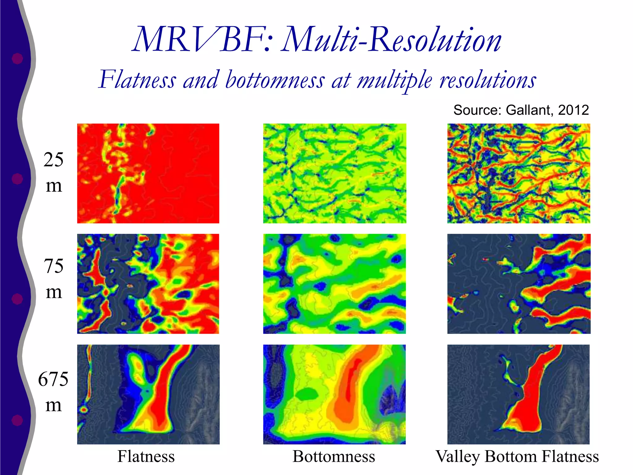 MRVBF: Multi-Resolution
      Flatness and bottomness at multiple resolutions
                                            Source: Gallant, 2012


25
m


75
m



675
 m

        Flatness          Bottomness      Valley Bottom Flatness
 