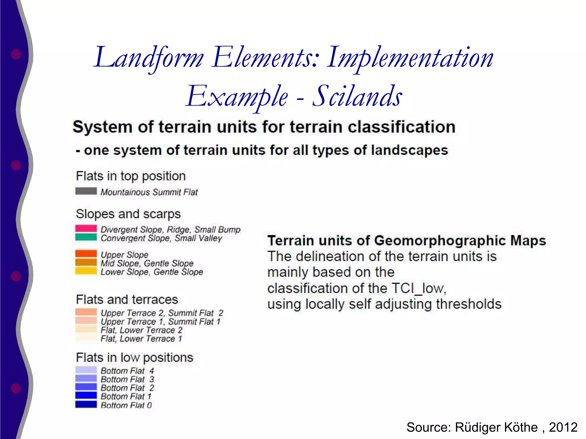 Landform Elements: Implementation
       Example - Scilands




                         Source: Rüdiger Köthe , 2012
 
